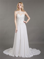 Illusion Ausschnitt Chiffon mit Perlenstickerei Brautkleid Champagner