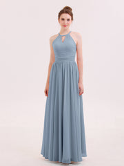 Neckholder lange Chiffon Kleid der Brautjungfern Staubiges Blau