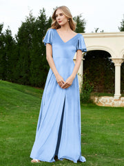 V-Ausschnitt Flatterärmel Samt Kleid mit Schlitz Staubiges Blau