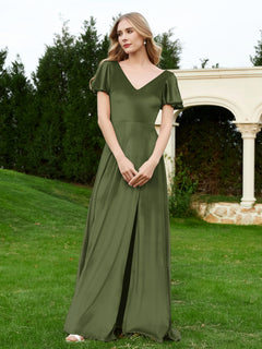 V-Ausschnitt Flatterärmel Samt Kleid mit Schlitz Olivgrün
