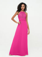 Halshalter Spitze Oberteil und Chiffon Kleider mit offenem Rücken Fuchsia