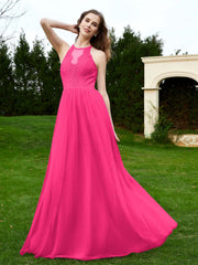 Spitze Tüll Brautjungfernkleid Halter Ausschnitt Fuchsia