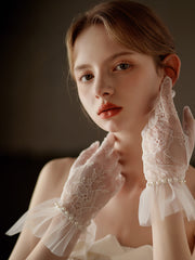 Durchsichtige Chiffon Spitzenhandschuhe Mit Perlenverzierung