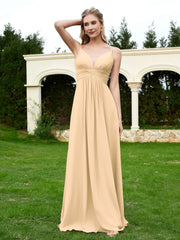 Bodenlang V-Ausschnitt Chiffon Brautjungfernkleid Champagner