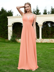 Bodenlang V-Ausschnitt Chiffon Brautjungfernkleid Koralle