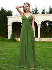 Bodenlang V-Ausschnitt Chiffon Brautjungfernkleid Moos