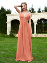 Bodenlang V-Ausschnitt Chiffon Brautjungfernkleid Papaya