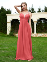 Bodenlang V-Ausschnitt Chiffon Brautjungfernkleid Wassermelone