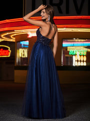 A-Linie Perlen Oberteil Tüll Kleid Dunkelmarine