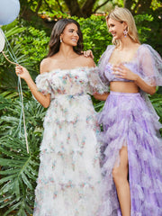 Blumiges Zweiteiliges Tüll Stufenkleid mit Schlitz Lila