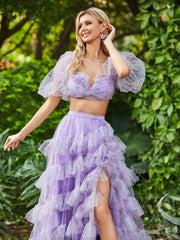 Blumiges Zweiteiliges Tüll Stufenkleid mit Schlitz Elfenbein