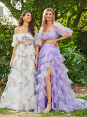 Blumiges Zweiteiliges Tüll Stufenkleid mit Schlitz Elfenbein