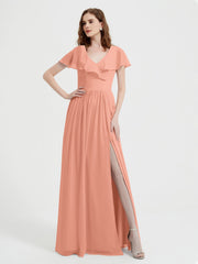 Lange Chiffonkleider mit Capped Ärmeln und Schlitz Papaya