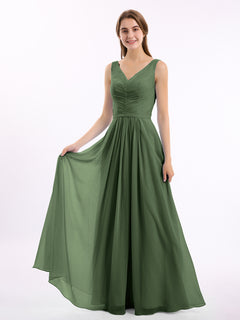 V-neck Chiffon lange Kleid der Brautjungfern Olivgrün
