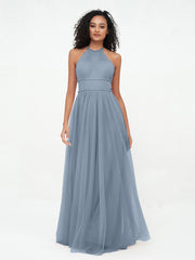 Illusion Halfter Tüll Maxi Boho Kleider Staubiges Blau