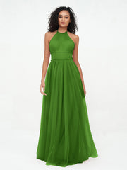 Illusion Halfter Tüll Maxi Boho Kleider Moos