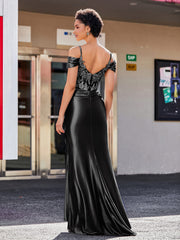 Schulterfrei Korsett Oberteil Satin Kleid Schwarz