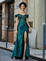 Schulterfrei Korsett Oberteil Satin Kleid Dunkelgrün