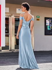 Schulterfrei Korsett Oberteil Satin Kleid Staubiges Blau