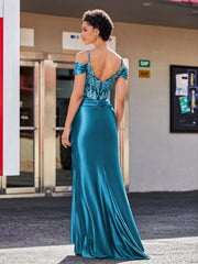 Schulterfrei Korsett Oberteil Satin Kleid Tinte blau