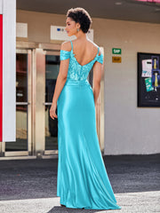 Schulterfrei Korsett Oberteil Satin Kleid Jade