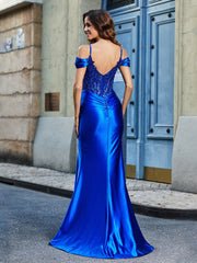 Schulterfrei Korsett Oberteil Satin Kleid Königsblau