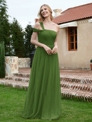 Ein Schulter Tüll Lang Brautjungfernkleid Moos