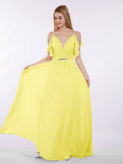 Spaghettiträger Chiffon Kleid mit V-Ausschnitt Zitrone
