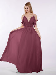 Spaghettiträger Chiffon Kleid mit V-Ausschnitt Maulbeere