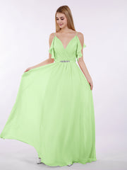 Spaghettiträger Chiffon Kleid mit V-Ausschnitt Salbei