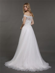 Off-The-Schulter Spitze und Tüll Brautkleid Champagner