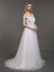 Off-The-Schulter Spitze und Tüll Brautkleid Weiß