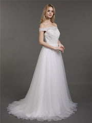 Off-The-Schulter Spitze und Tüll Brautkleid Champagner