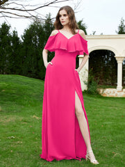 Bodenlang V-Ausschnitt Rüschen Chiffon A-Linie Kleid Fuchsia