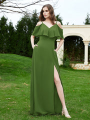 Bodenlang V-Ausschnitt Rüschen Chiffon A-Linie Kleid Moos