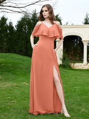 Bodenlang V-Ausschnitt Rüschen Chiffon A-Linie Kleid Papaya
