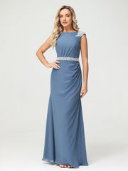 Chiffon Etui Kleid mit Perlenstickerei Bund Schieferblau