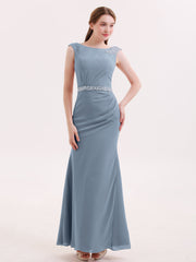 Chiffon Etui Kleid mit Perlenstickerei Bund Staubiges Blau