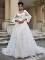 Rückenlos Lange Ärmel Tüll Brautkleid Elfenbein