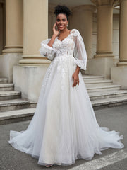 Rückenlos Lange Ärmel Tüll Brautkleid Elfenbein