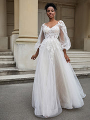 Rückenlos Lange Ärmel Tüll Brautkleid Elfenbein