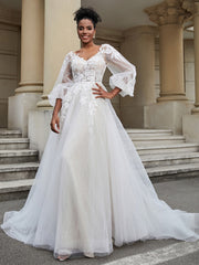 Rückenlos Lange Ärmel Tüll Brautkleid Elfenbein