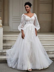 Rückenlos Lange Ärmel Tüll Brautkleid Elfenbein