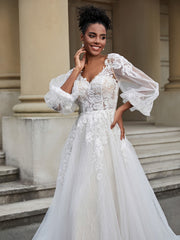 Rückenlos Lange Ärmel Tüll Brautkleid Elfenbein