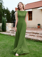 Chiffon und Spitze Bodenlang A-Linie Kleid Moos