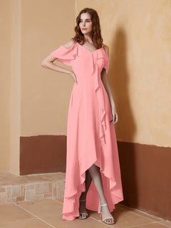 V-Ausschnitt Schulterfrei Rüschen Asymmetrisch Kleid Flamingo