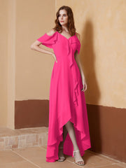 V-Ausschnitt Schulterfrei Rüschen Asymmetrisch Kleid Fuchsia