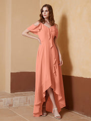 V-Ausschnitt Schulterfrei Rüschen Asymmetrisch Kleid Papaya