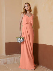 V-Ausschnitt Spaghettiträger Rüschen Kleid Papaya