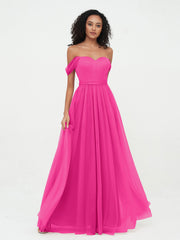 Prinzessin Schulterfrei Tüll Kleider mit Schleife Fuchsia